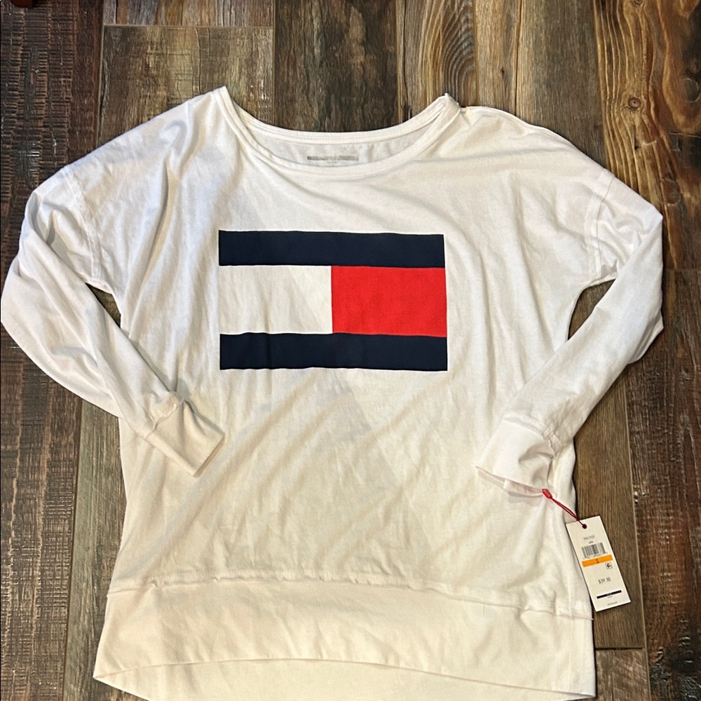 Tommy Hilfiger Sport l/s white t shirt with logo and raw edges, size S  NWT
